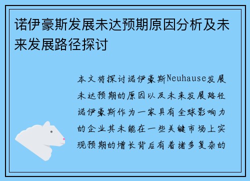 诺伊豪斯发展未达预期原因分析及未来发展路径探讨 诺伊豪斯发展未达预期原因分析及未来发展路径探讨